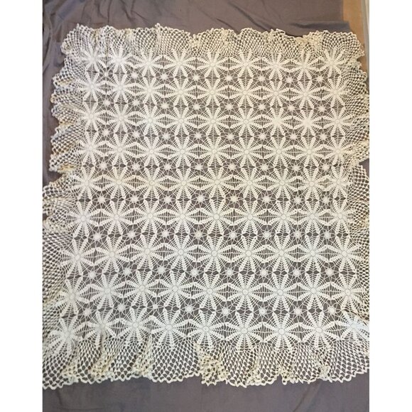 Lace Tablecloth Handmade Crochet  62" Sq Ivory Cotton Farmhouse Cottagecore - Picture 7 of 7